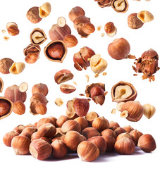 Hazelnuts crushed into pieces, frozen in the air.