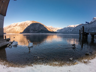 Hallstatt, Austria. Most beautiful mountain lake Hallstätter See, Winter time in mountains