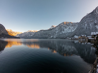 Fototapeta na wymiar Hallstatt, Austria. Most beautiful mountain lake Hallstätter See, Winter time in mountains 