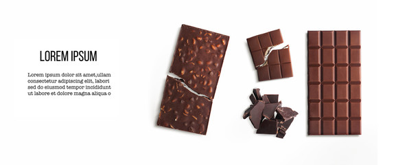 Different types of chocolate isolated on white background. Design mockup with space for text. High...