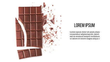 Milk chocolate isolated on white background. Design mockup with space for text. High resolution...