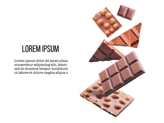 Different types of chocolate pieces falling in the air isolated on white background. Design mockup...