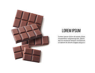Milk chocolate isolated on white background. Design mockup with space for text. High resolution image