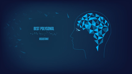 Polygonal brain. Silhouette of head. Concept vector illustration. Dark blue background. - obrazy, fototapety, plakaty