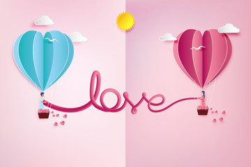 love Invitation card Valentine's day balloon heart on pink background with text love and young joyful,clouds,sun,paper cut pink heart.