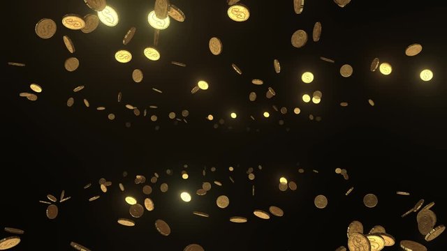 Glowing gold coins falling away from the camera view on black background 3d animation.