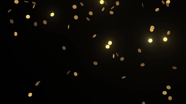 Glowing gold coins falling on a black background from the top of the frame 3D animation.