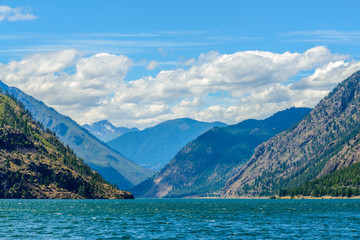 Obraz premium Mountain landscape with blue Seton Lake in Coastal Mountains. Lillooet, British Columbia, Canada.