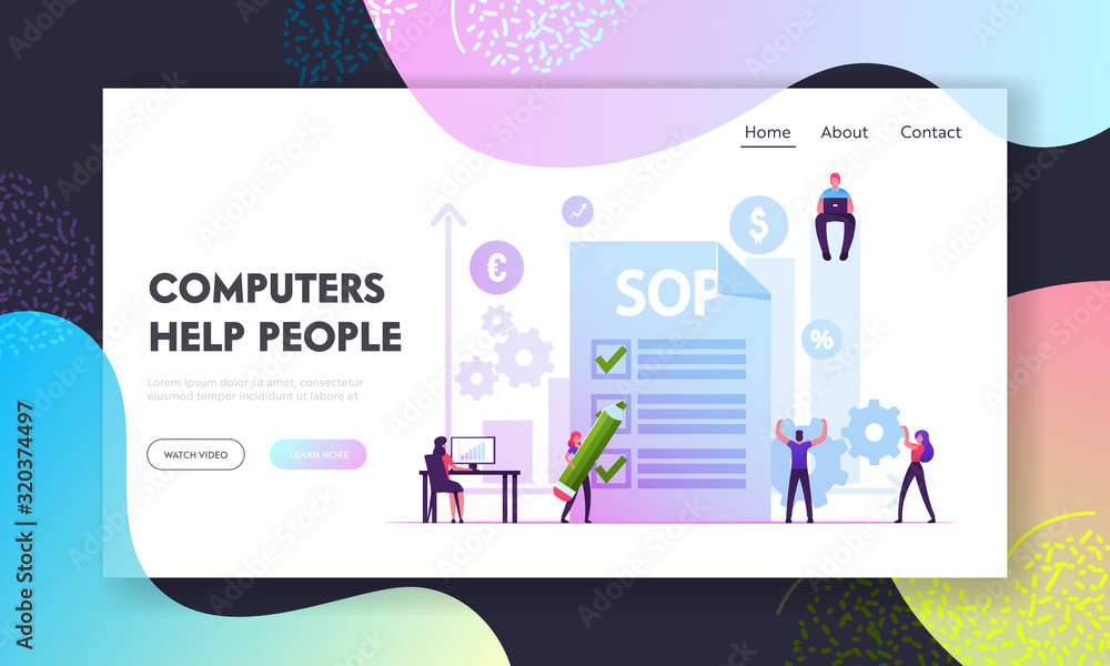 Aufkleber sop, standard operating procedure website landing page. people writing step-by-step instructions to 