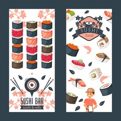 Sushi bar vertical banner, vector illustration. Asian food delivery, emblems for Japanese seafood restaurant, sushi and rolls menu decoration. Sushi bar advertisement promotion campaign, food delivery