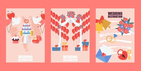 Obraz premium Wedding decoration service company banners, vector illustration. Flat style wedding symbols, gift boxes, cake, doves and rings. Event organisation company booklet cover, brochure template design