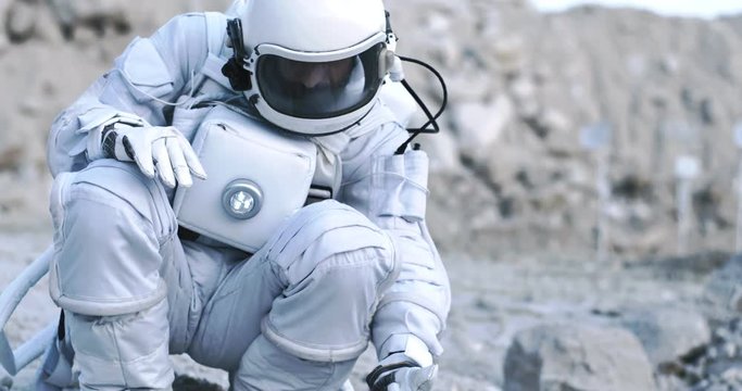 Astronaut in the space costume find life on the uninhabited planet, looking and exploring green plant on the hard solid. Outdoor.