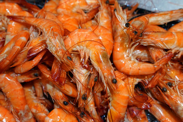 Delicious fresh shrimps on ice. Selective focus  