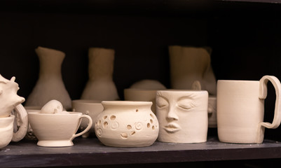 Handmade clay products. Creative workshop for the production of ceramics.
