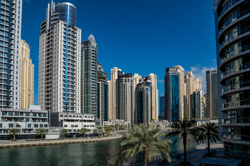 travel, vacation, Dubai, United Arab Emirates, walk, district, Dubai Marina, canal, water, skyscrapers, houses, buildings, structures, palm trees, promenade, beauty, style, architecture, bright, day, 