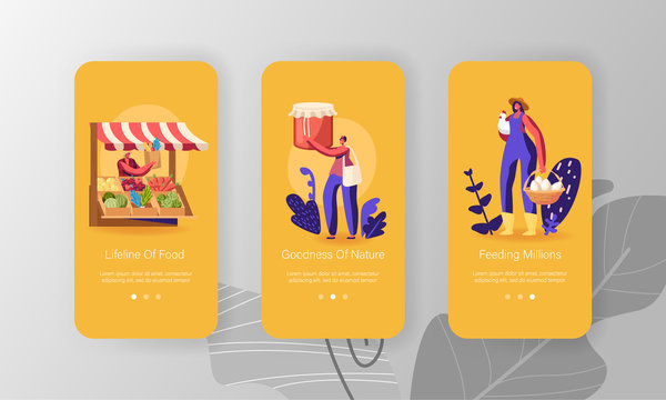 Farmer Market Mobile App Page Onboard Screen Set. Male And Female Characters Buy Fresh Healthy Tasty And Organic Seasonal Farm Food Concept For Website Or Web Page, Cartoon Flat Vector Illustration