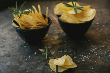 Crispy potato chips in the bowl with salt and seasonings