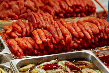 Spicy pollock roe at Korean food market 