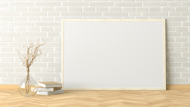 Blank horizontal poster frame mock up standing on light herringbone parquet floor next to white brick wall with vase and books. Clipping path around poster. 3d illustration