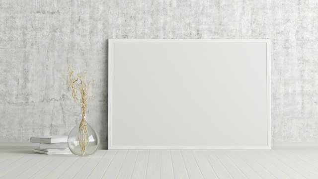 Blank horizontal poster frame mock up standing on white floor next to concrete wall with vase and books. Clipping path around poster. 3d illustration