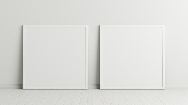 Two blank square posters. frame mock up standing on white floor next to white wall. Clipping path around posters. 3d illustration