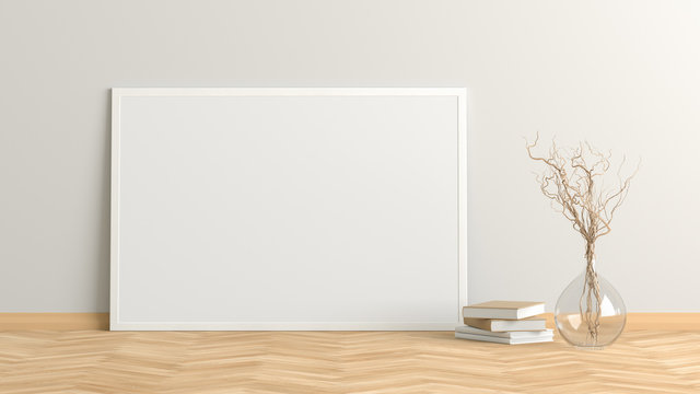 Blank horizontal poster frame mock up standing on light herringbone parquet floor next to white wall with vase and books. Clipping path around poster. 3d illustration