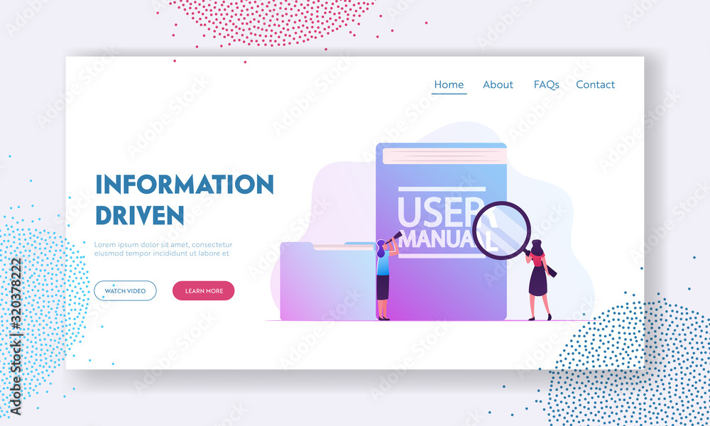 Poster user manual, guide book or technical instruction website landing page. tiny girls looking through ma