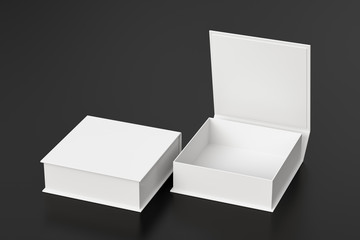 Blank white flat square gift box with open and closed hinged flap lid on black background. Clipping path around box mock up. 3d illustration
