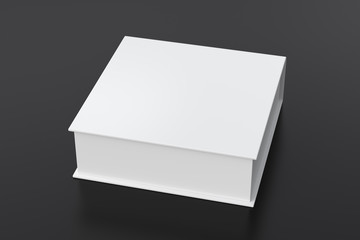 Blank white flat square gift box with closed hinged flap lid on black background. Clipping path around box mock up. 3d illustration