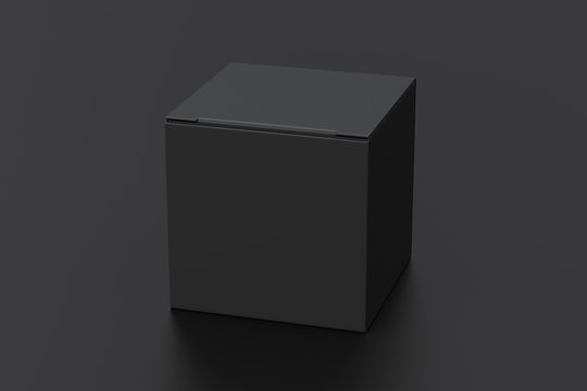 Blank black cube gift box with closed hinged flap lid on black background. Clipping path around box mock up. 3d illustration