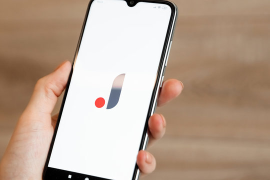 Brest, Belarus, January 31, 2020: Joom application logo on the Xiaomi Redmi Note 8 smartphone screen close-up. Joom application. Online store.