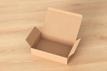 Blank cardboard wide flat box with opened hinged flap lid on wooden background. Clipping path around box mock up. 3d illustration