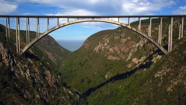 Jump from Highest Bridge Bungee, Bloukrans, South Africa, Aerial Drone Backward Reveal Motion