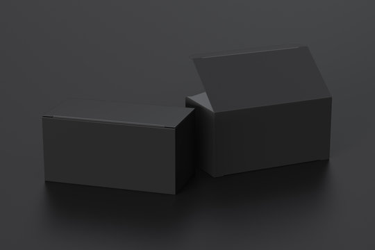 Blank black wide box with open and closed hinged flap lid on black background. Clipping path around box mock up. 3d illustration