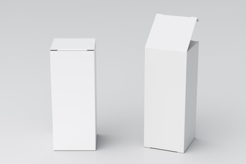 Blank white tall and slim gift box with open and closed hinged flap lid on white background. Clipping path around box mock up. 3d illustration