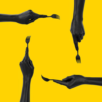 Set Of Black Hands Holding Fork, Top And Side View 3d Rendering. Abstract Food Eating Concept Banner.