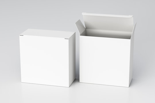 Blank White Wide Square Box With Open And Closed Hinged Flap Lid On White Background. Clipping Path Around Box Mock Up. 3d Illustration