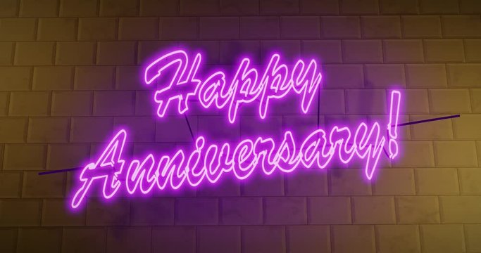 Happy Anniversary text or neon sign celebration and surprise event. Wedding or marriage congratulations on a colorful billboard - 4k