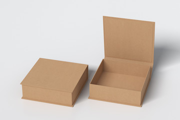 Blank cardboard flat square gift box with open and closed hinged flap lid on white background. Clipping path around box mock up. 3d illustration