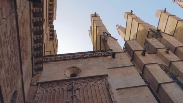A low angle view of beautiful architecture of the Palma Cathedral Roman Catholic Diocese of Majorca front entrance gate over the tree, Mallorca, Spain.