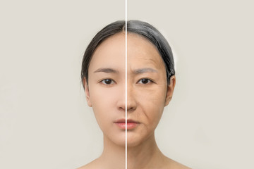 The concept of aging. Comparison of young and old. portrait of an Asian woman. beauty treatments...