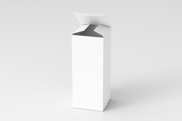 Blank white tall and slim gift box with opened hinged flap lid on white background. Clipping path around box mock up. 3d illustration