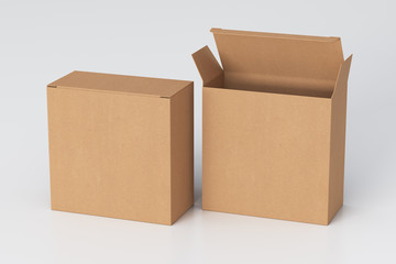 Blank cardboard wide square box with open and closed hinged flap lid on white background. Clipping path around box mock up. 3d illustration
