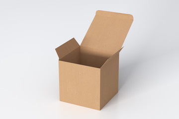 Blank cardboard cube gift box with opened hinged flap lid on white background. Clipping path around box mock up. 3d illustration