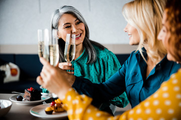 Joyful women toasting with alcoholic drinks in cafe