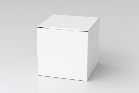 Blank white cube gift box with closed hinged flap lid on white background. Clipping path around box mock up. 3d illustration