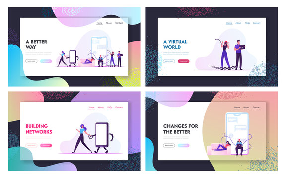 Internet Addiction, People Living in Virtual World Website Landing Page Set. Men and Women Having Gadgets Dependency Bind to Devices with Metal Chain Web Page Banner. Cartoon Flat Vector Illustration