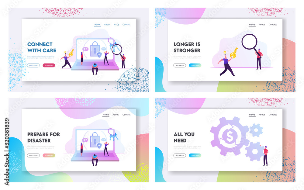 Poster people try to memorize password, loan refinance website landing page set. happy person run with key 