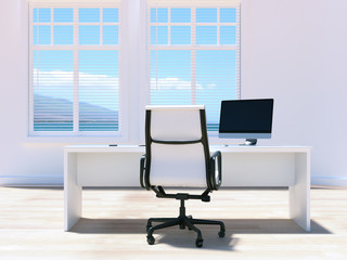 Office interior with desk, chair and computer screen in front of window. 3D rendering.