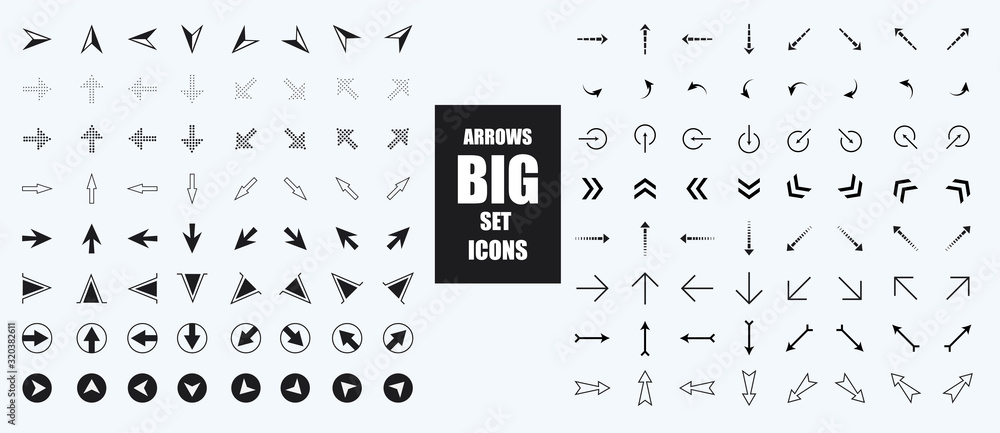 Poster Arrow Icon collection. Infographic arrows sign, next or back web button and right pointer. Direction glyph arrowheads navigation or download black buttons vector silhouette isolated icons set. Cursor